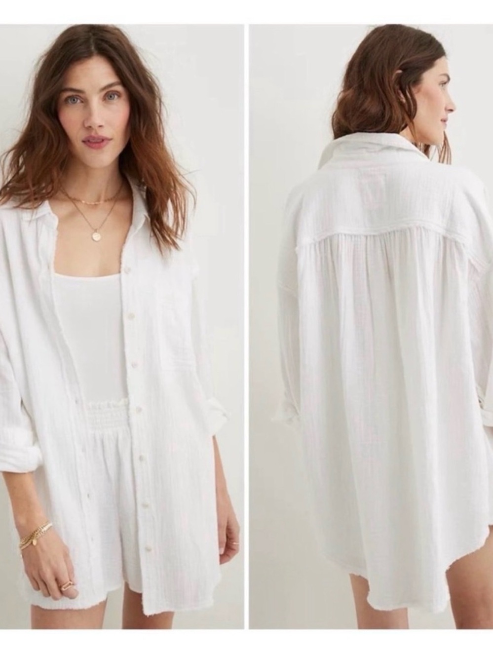 Aerie Pool to Party Slouchy Woven Gauze Button Down Oversized Shirt White